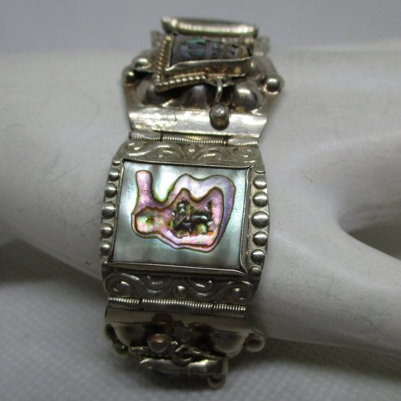 ABALONE MEXICAN SILVER Panel Bracelet Abalone Masks Rectangles Marked Mexico - Picture 2 of 15